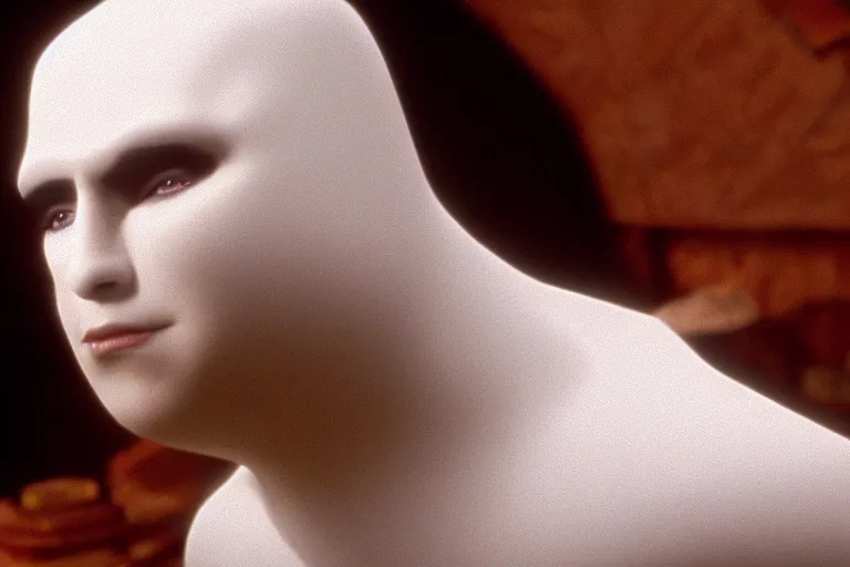Image similar to cinematic still of chubby clean-shaven white man in the film Casper (1995), XF IQ4, f/1.4, ISO 200, 1/160s, 8K, RAW, dramatic lighting, symmetrical balance, in-frame