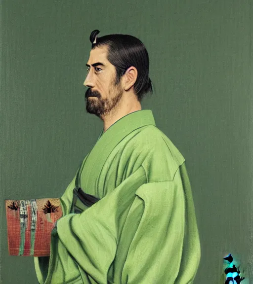 Prompt: official side portrait of a japanese samurai, aaron rodgers, in a green pay packers kimono, 1 8 6 8, a character portrait by cassius marcellus coolidge, reddit contest winner, japanese romantacism, romanticism, oil on canvas, detailed painting, creative commons attribution