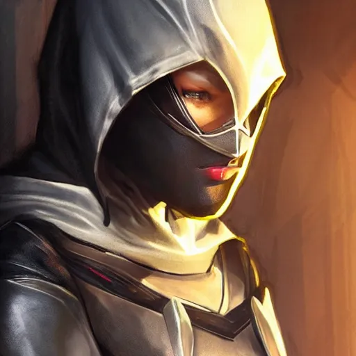 Prompt: Cassandra Cain (Batgirl) as an Assassin from Assassin's Creed, wearing a hood, portrait, highly detailed, digital painting, artstation, concept art, sharp focus, illustration, cinematic lighting, art by artgerm and greg rutkowski and alphonse mucha