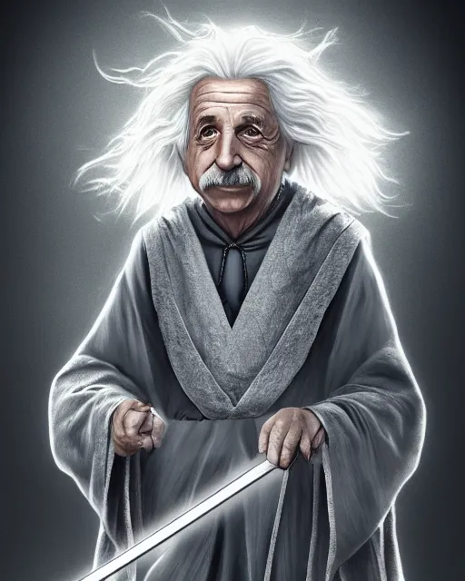 Image similar to Albert Einstein as Gandalf, Lord of the Rings, elegant robe, portrait art, wooden glowing staff, dark fantasy forest, fine details, perfect, 8k high detail, masterpiece, trending on ArtStation