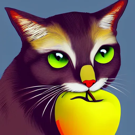 Image similar to a colourful cat eating apple, digital art