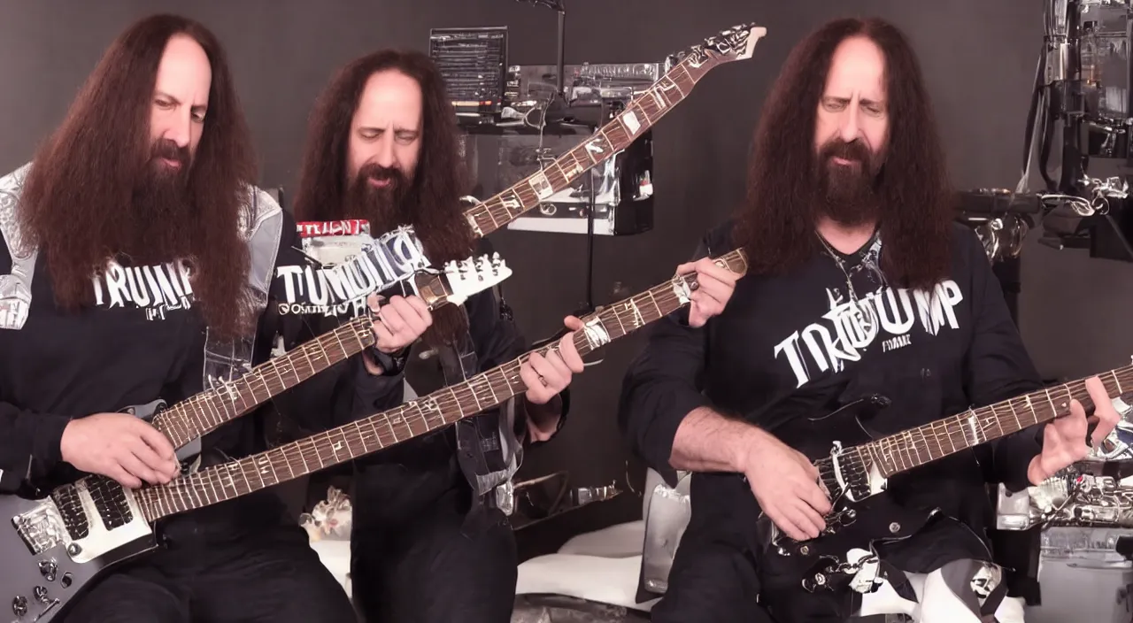 Prompt: john petrucci teaches donald trump to play guitar, 2 0 1 5 official music video, shot on sony a 7, studio recording