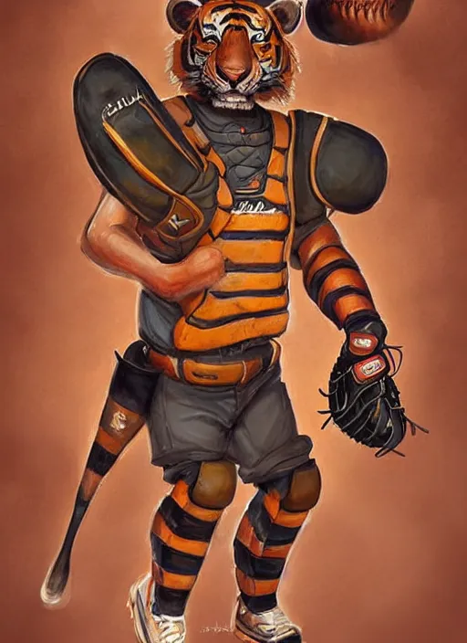 Image similar to fursona commission of a anthro tiger baseball pitcher wearing a baseball uniform in a baseball stadium. pretty, beautiful, DnD character art portrait, matte fantasy painting. Desert mining town. DeviantArt Artstation, by Jason Felix by Steve Argyle by Tyler Jacobson by Peter Mohrbacher, cinematic lighting