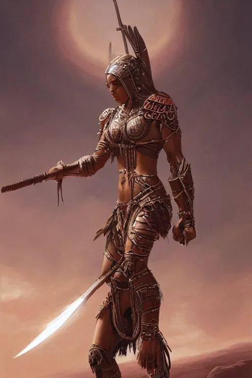 Image similar to ethnic warrior female toned body, wearing tribal armor, holding wodden spear, by thomas cole and wayne barlowe 8 k, high detail, fantasy art, dnd, artstation,