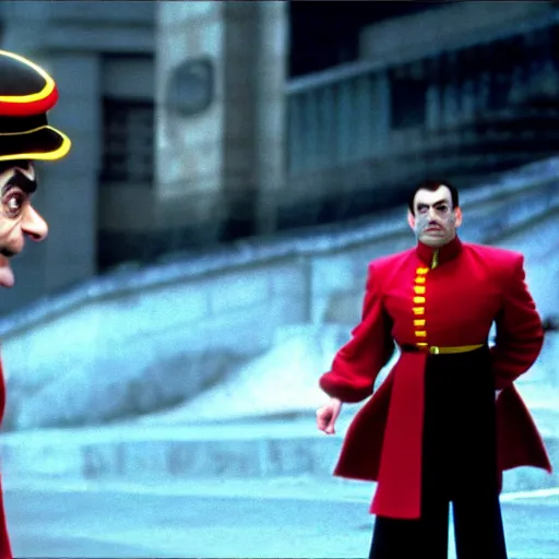 Image similar to mr. bean as m. bison from the streetfighter movie. movie still. cinematic lighting.