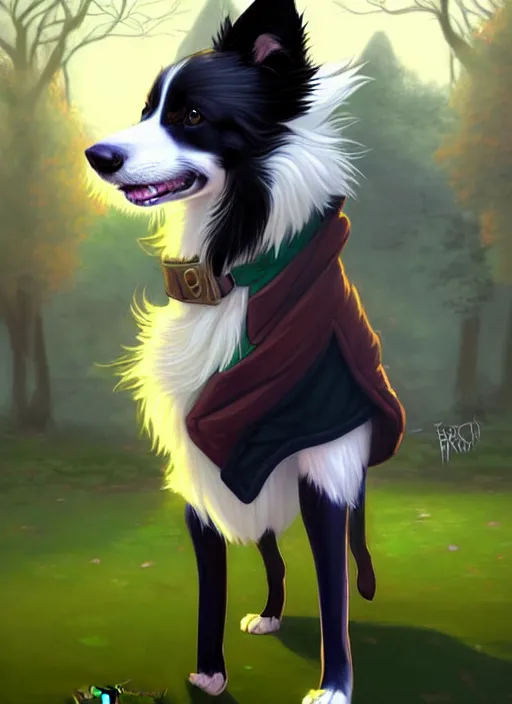 Image similar to full body digital painting of a cute male anthropomorphic border collie fursona wearing a jacket in front of a park, furaffinity, scenic background, intricate, elegant, beautiful, fantasy, highly detailed, trending on artstation, art by charlie bowater, henry asencio, and ross tran