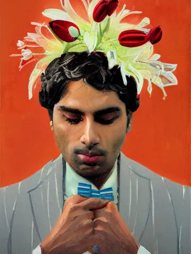 Image similar to artwork by saul leiter, of a solo individual portrait of an indian guy with lilies and roses, dapper, simple illustration, domestic, nostalgic, full of details, matte painting, trending on artstation and unreal engine