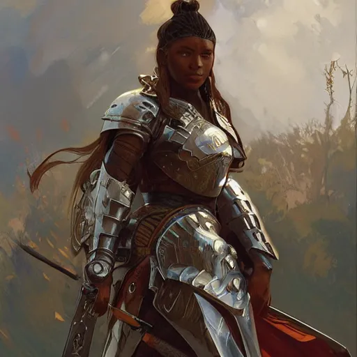 Image similar to Ebony female Warrior in full armor and shield, Digital art, art by Alphonse Mucha, Greg Rutkowski, Alex Ross, WLOP, Artstation, 8K