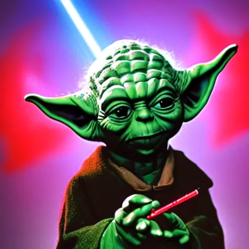 Prompt: yoda with red eyes smoking from a glass bong