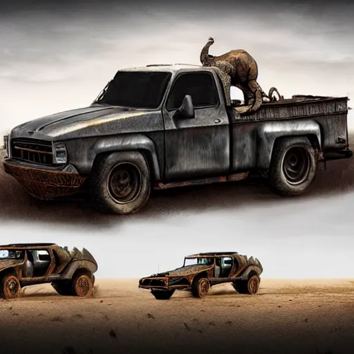 Image similar to truck as a rhinoceros in the style of mad max, cinematic composition, intricate photorealism, high detail, many exotic high end features, concept art