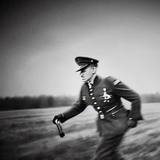 Image similar to a german officer holding his officer cap, movement blur, he is running across a dirt field, taken on a ww 2 camera, realistic.