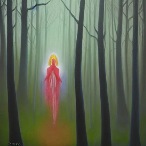 Image similar to painting a jester made of energy and light in a dense foggy forest by Alex Grey, acrylic art, ethereal, soothing, somber, elegant, warm light, cozy, glows,