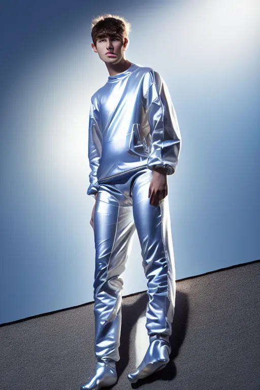 Image similar to un ultra high definition studio quality photographic art portrait of a young man standing on the rooftop of a british apartment building wearing soft baggy inflatable padded silver iridescent pearlescent clothing. three point light. extremely detailed. golden ratio, ray tracing, volumetric light, shallow depth of field. set dressed.