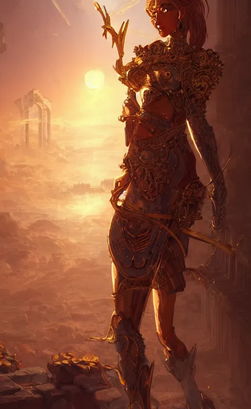 Image similar to portrait knights of zodiac girl, golden and copper shining armor, in ruined agora of athens sunrise, ssci - fi and fantasy, intricate and very very beautiful and elegant, highly detailed, digital painting, artstation, concept art, smooth and sharp focus, illustration, art by tian zi and wlop and z - - ed and ilya kuvshinov