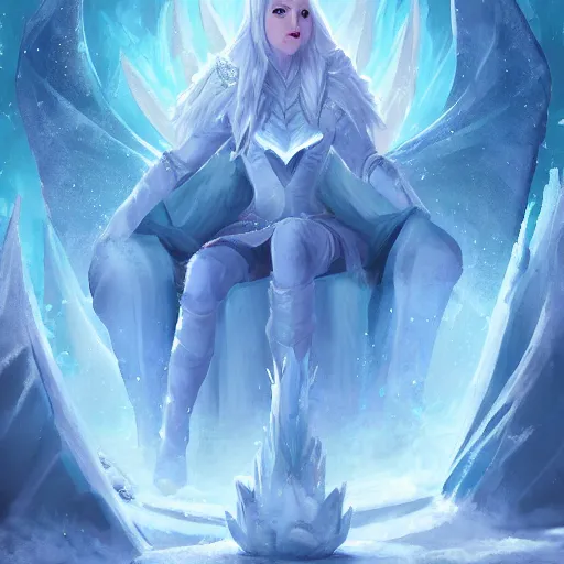 Image similar to ice queen sitting on the ice throne, epic fantasy style, in the style of Greg Rutkowski, hearthstone artwork