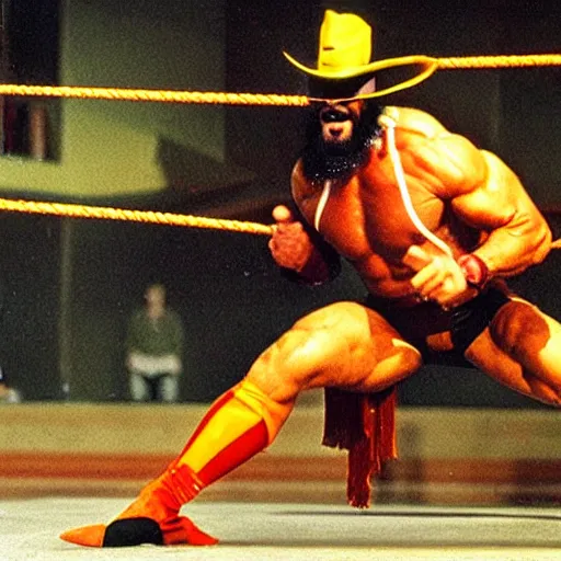 Prompt: photograph of macho man Randy Savage snapping into a Slim Jim