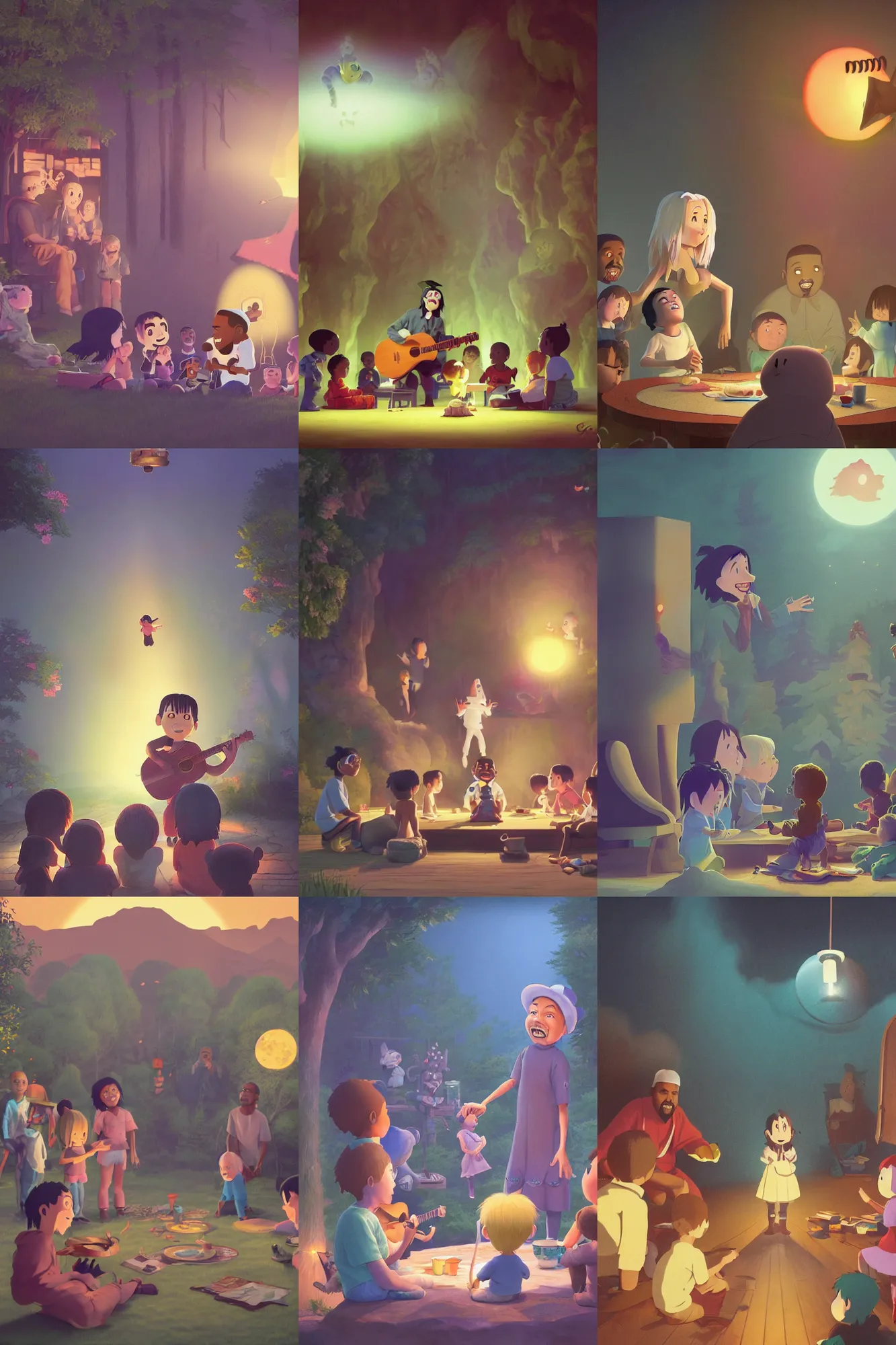 Prompt: a wholesome cottagecore illustration of a happy cartoon Marilyn Manson playing the acoustic guitar to a group of spirit children as Kanye West looks on , studio Ghibli, Pixar and Disney animation, sharp, Rendered in Redshift and Unreal Engine 5 by Greg Rutkowski, Bloom, dramatic lighting, sunrise