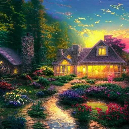 Prompt: the most beautiful, futuristic house, sunset and nature in background, Thomas Kinkade painting