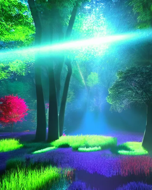 Prompt: mystical forest with a pond with a bright beam of light shining down through the clouds colorful trippy acid trip colorful 8 k 3 d sunshine rays volumetric lighting trending on artstation vray colorful