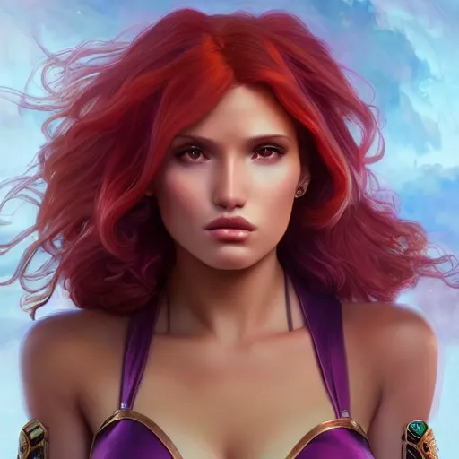 Image similar to ultra realistic illustration, bella thorne as starfire anime, intricate, elegant, highly detailed, digital painting, artstation, concept art, smooth, sharp focus, illustration, art by artgerm and greg rutkowski and alphonse mucha and wlop