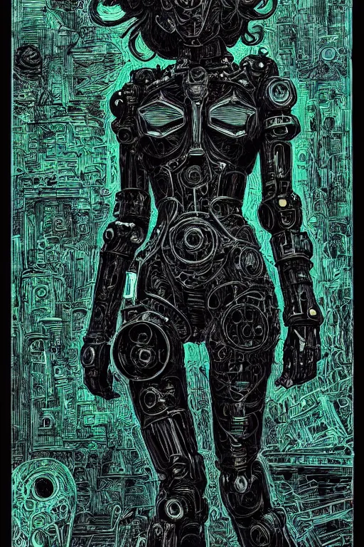 Image similar to dreamy gothic girl, abstract black leather, gear mecha, beautiful woman body, detailed acrylic, grunge, intricate complexity, by dan mumford and by alberto giacometti, peter lindbergh