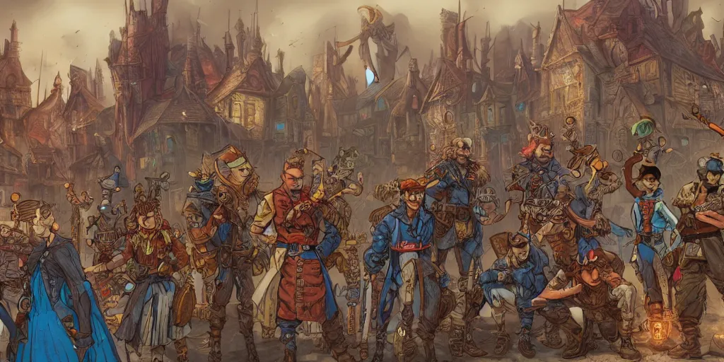 Prompt: colored pencils an epic fantasy comic book style painting of a group of thieves in a fantasy steampunk city, light and vibrant, fine details, no repeat, concept design, contrast, kim jung gi, pixar and da vinci, trending on artstation, 8 k, ultra wide angle