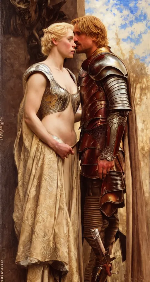 Image similar to attractive fully clothed jaime lannister confesses his love for attractive fully armored brienne of tarth. highly detailed painting by gaston bussiere and j. c. leyendecker 8 k