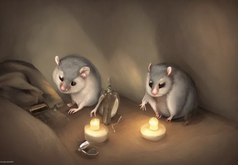 Image similar to cute possum in its pajamas sleeping in a bed in a medieval bedroom at night under the dim light of a candle, dark fantasy, dreaming illusion, trending on artstation