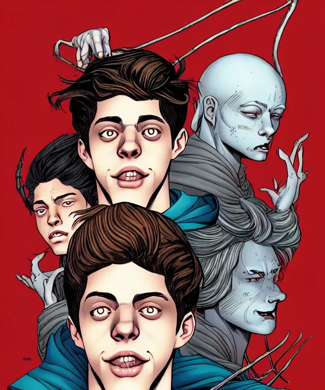 Image similar to a ( fantasy comic ) ( cover art ) portrait of a village idiot who looks like ( pete davidson ), digital illustration by jenny frison and sana takeda and kentaro miura, fine inking lines, vivid colors, dnd, highly detailed!, hd, 4 k, trending on artstation