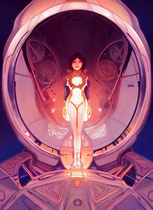 Image similar to symmetry, girl in a spaceship intricate, elegant, highly detailed, digital painting, artstation, concept art, smooth, sharp focus, illustration, art by artgerm and greg rutkowski and alphonse mucha