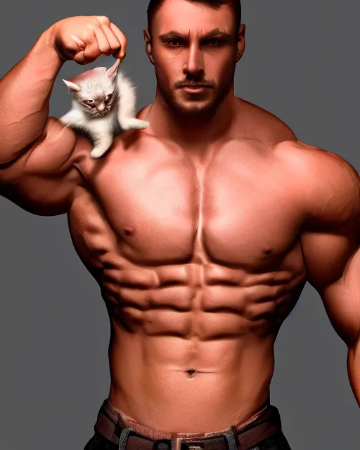 Image similar to muscular man with kittens growing out of his muscles, artstation, color studio portrait, golden ratio, backlit, detailed eyes,