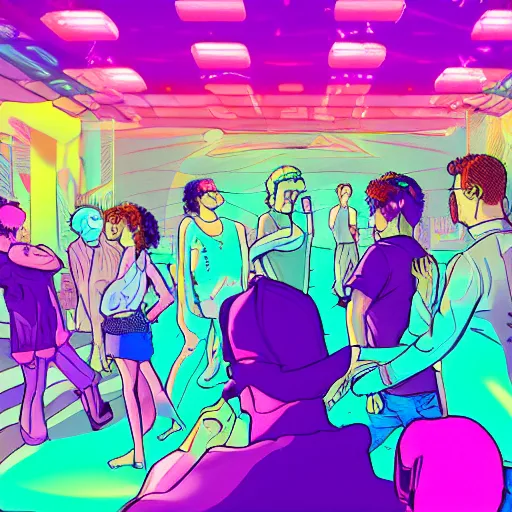 Image similar to cartoon, vaporwave, people communicating with each other in groups of ten, a large hall, dim painterly lighting volumetric aquatics, disco party