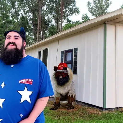 Image similar to anime ethank klein from h 3 h 3 dressed as an american redneck, standing in front of a mobile home in northern georgia, usa