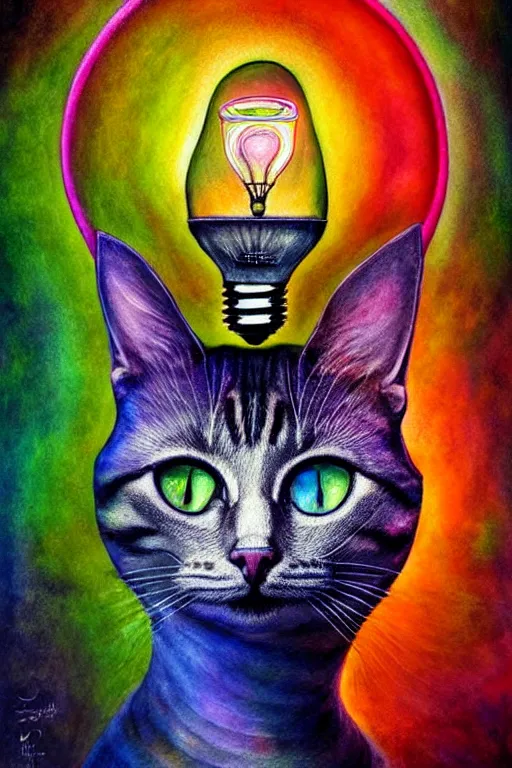 Image similar to portrait of an ethereal cat inside a light bulb, modern fine art, lithe, dreamscape, intricate, elegant, subsurface scattering, highly detailed, pop art painting, organic acrylic flow art, psychedelic surreal art, acrylic art, watercolor, featured on deviantart, cgsociety