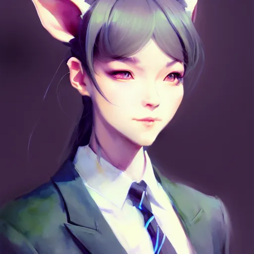 Image similar to character design portrait of a beatiful anthropomorphic furry dragon girl with dragon ears, wearing a suits, looking at the camera, 4 k, concept art, by wlop, wenjun lin, watercolor, ilya kuvshinov, artgerm, krenz cushart, pixiv.