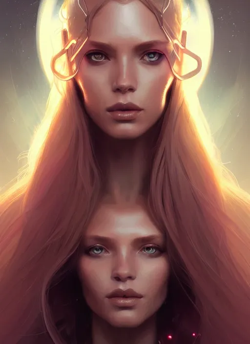 Image similar to futuristic woman portrait, sci-fi, amber eyes, face, long hair, fantasy, intricate, elegant, highly detailed, digital painting, artstation, concept art, smooth, sharp focus, illustration, art by artgerm and greg rutkowski and alphonse mucha