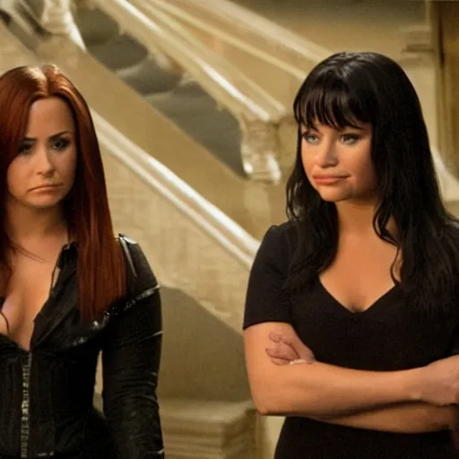 Image similar to close-up of Demi Lovato as Piper Halliwell and Selena Gomez as Phoebe Halliwell and Ariana Grande as Prue Halliwell in a Charmed movie directed by Christopher Nolan, movie still frame, promotional image, imax 35 mm footage