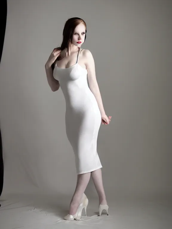 Image similar to 2 8 mm studio photo of gorgeous seductive emily skinner cosplaying annie leonhart wearing tight white dress, beautiful face, pale skin, rule of thirds, cinematic lighting, sharp focus, backlit, stunning, smooth, hard focus, glamour pose, full body shot