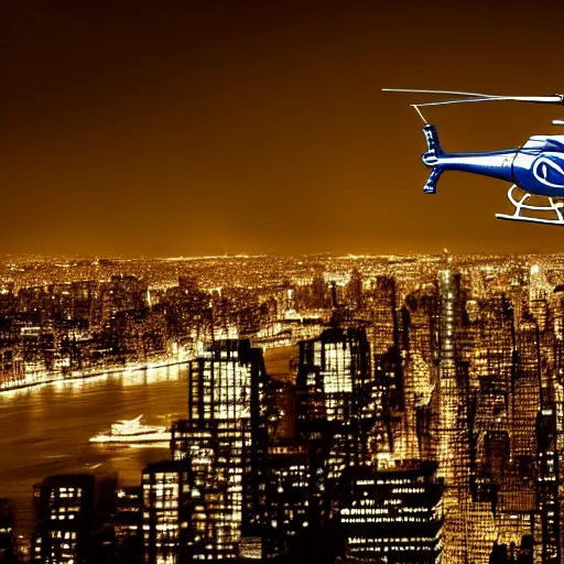 Image similar to helicopter, flying, new york skyline, 4k, HD, cinematic still, cinematic lighting