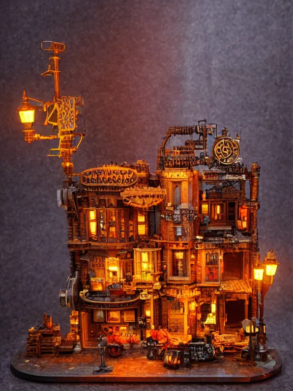 Image similar to mega detailed miniature voxel diorama steampunk workshop, victorian era, vintage architecture, clockwork technology, soft lights are on in the windows, dark night, fog, winter, blizzard, cozy and warm atmosphere, row of street lamps with demonic orange light, several ruins nearby, 1 8 5 0