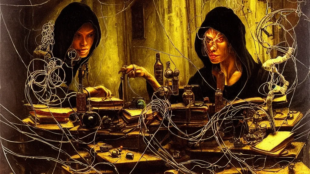 Image similar to prompt: a hacker in a hoodie, sitting in front of a monitor in a darkly lit rum Velasquez, nymph in the water performing alchemy, small flowers and cable wire around and on the side with artifacts and ancient book, intricate oil painting, high detail, Neo-expressionism, gnarly details