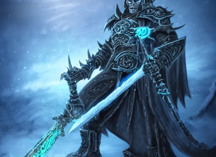 Image similar to the lich king with his mourneblade sitting on the frozen throne artwork by mendoza eddie, trending on artstation