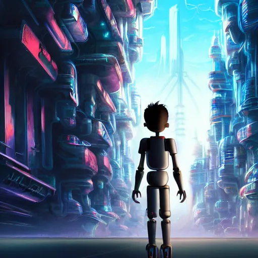 Image similar to film poster, novel cover art for a book, an adventurous boy and his robot friend, futuristic city backgrond, eleborate composition with forground and background, depth of field, fantasy illustration by tomoyuki yamasaki, kyoto studio, don bluth, madhouse, ufotable, square enix, cinematic lighting, trending on artstation