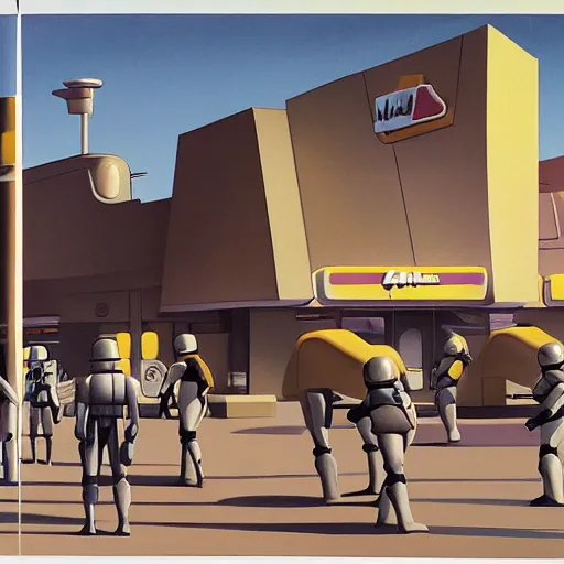 Image similar to ralph mcquarrie concept art of a futuristic mcdonalds. a space station is seen off in the distance with various droids and people walking in the foreground. a trooper is seen holding a brown mcdonalds bag.