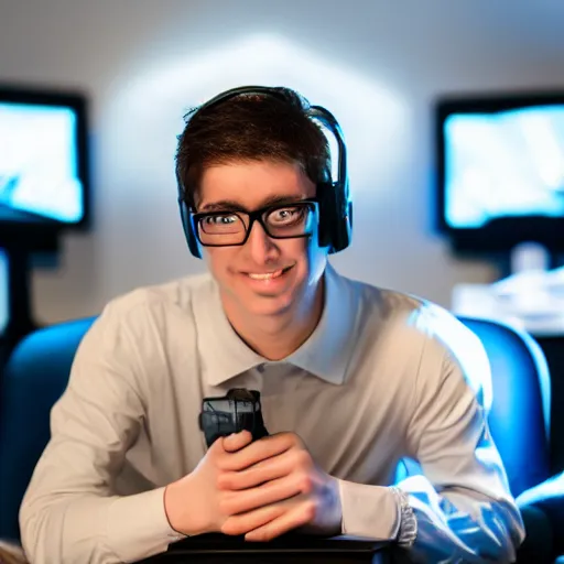 Prompt: nerdy!! gamer with glasses next to glowing gaming computer