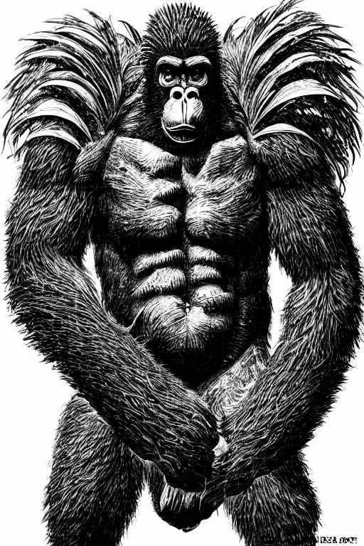 Image similar to pineapple ape humanoid figure monster, symmetrical, highly detailed, digital art, sharp focus, trending on art station, kentaro miura manga art style