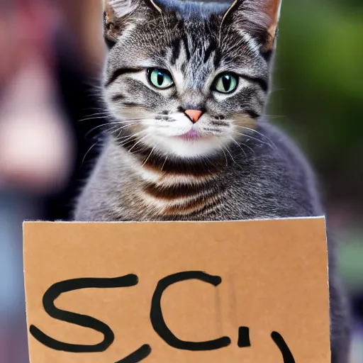 Prompt: cute cat holding a sign, photograph, 4k