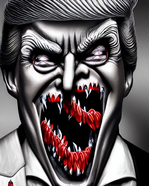 Image similar to donald trump dracula, fangs, character portrait, close up, concept art, intricate details, hyperrealism, in the style of otto dix and h. r giger