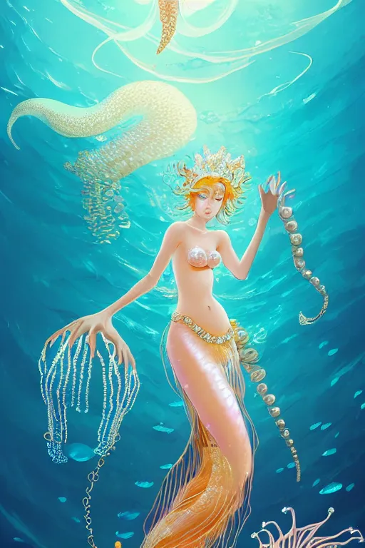 Image similar to a beautiful mermaid queen of the ocean in the middle of coral reefs, pearl and gold and crystal jewelry, complex and shiny dress inspired by jellyfish, by ross tran and atey ghailan, by greg rutkowski, by greg tocchini, by james gilleard, by joe fenton, by kaethe butcher, dynamic lighting, grunge aesthetic