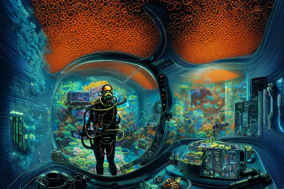 Image similar to detailed portrait of a cyberpunk scuba diver inside a dmt portal, cinematic lighting, corals, big mirrors, stacked computer screens, science lab, 8 k high resolution, by james r eads and tomasz alen kopera